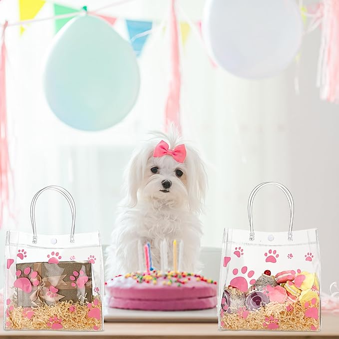Teling 20 Packs Dog Paw Clear PVC Gift Bags with Handle Reusable Plastic Wrap Tote Bags Transparent for Puppy Pet Treat Party Favor Birthday Wedding Party, 8 x 8 x 3.15 Inch(Pink)