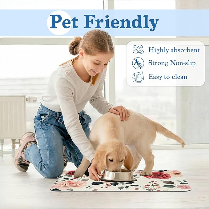 Pink Flower Leaf Pet Feeding Mat–Christmas Stocking Quick Dry Absorbent Dog Cat Food Mat, Non Slip Waterproof Bowl Placemat for Messy Eaters, Pet Accessories for Floors 16"x24"