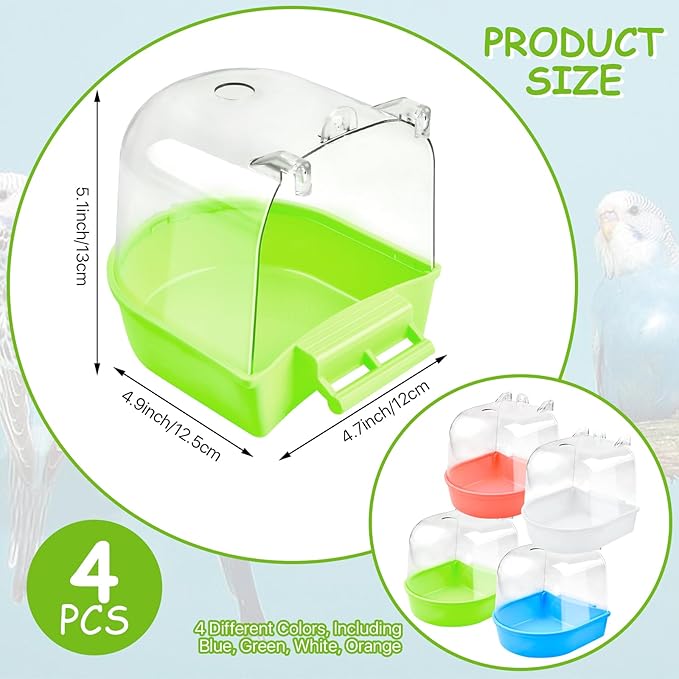 Supkiir 4Pcs Clear Bird Bath for Cage, Parakeet Bath Cage Accessories with Water Injectors, Hanging Bird Bath Box Parrot Bird Bathing Tub for Small Birds Cockatiel Conure Canary Budgies