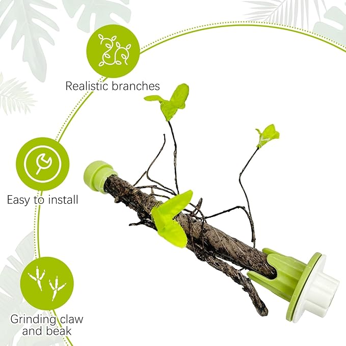 PINVNBY 3 PCS Bird Perches Simulation Branch Parrot Cage Perch Stand with Green Leaf Hanging Paw Grinding Fork Cage Accessories for Parakeets Budgies Finches Cockatiels Conures