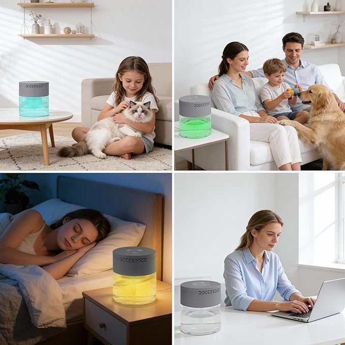 Water Air Purifier, Water Based Air Purifier for Home with 24H Auto Shut-off, 3 Speeds, Air Washer with 8 LED Night Lights, Air Freshener Revitalizer for Bedroom Office Room Pets Smoke
