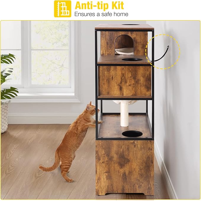 Aivituvin Cat Litter Box Enclosure, Litter Box Furniture Hidden, Wooden Cat Washroom Furniture, Indoor Cats House with Condo, Hammock, Scratching Mat and Storage Shelves