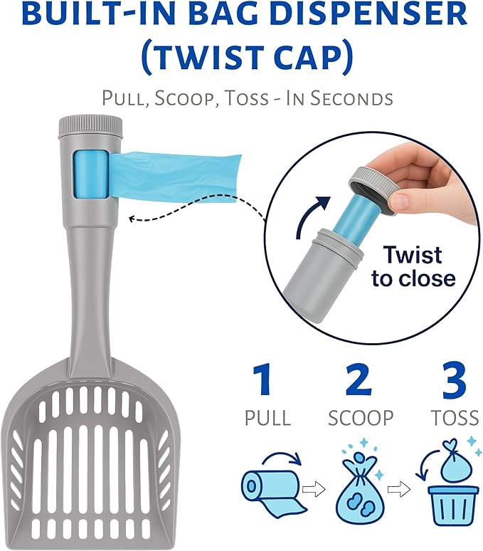 2-in-1 Pooper Scooper with Bag Attachment, Cat Litter Shovel Scoop with Bag, Built-in Dispenser, Includes Trash Roll, Rinse-Clean, Anti-Stick, Smart Sifter, Long Handle (Dark Gray)