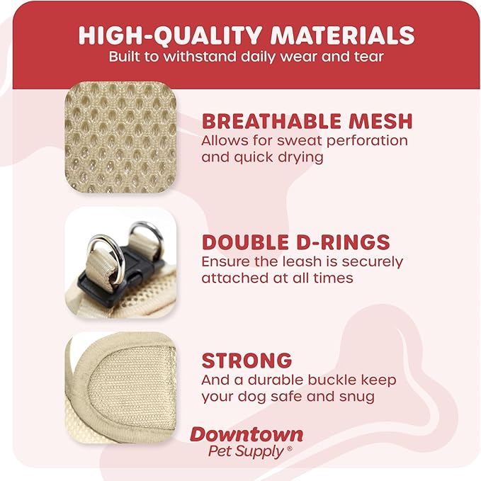 Downtown Pet Supply Step in Dog Harness for Small Dogs No Pull, Large, Khaki - Adjustable Harness with Padded Mesh Fabric and Reflective Trim - Buckle Strap Harness for Dogs