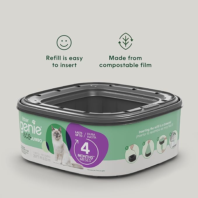 Litter Genie Eco Refills | Compostable Cat Litter Bags Jumbo 2-pack | Up to 4 Months of Supply in 1 Cartridge