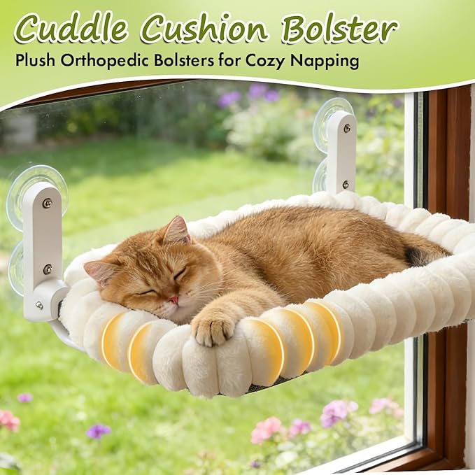 2PC Cat Window Perch with Bolster Foldable Cat Hammock Cushion Bed for Window with Metal Frame, Cloud-Cuddle Cordless Window Resting Seat for Indoor Cats (Cushion Bed, White-L)