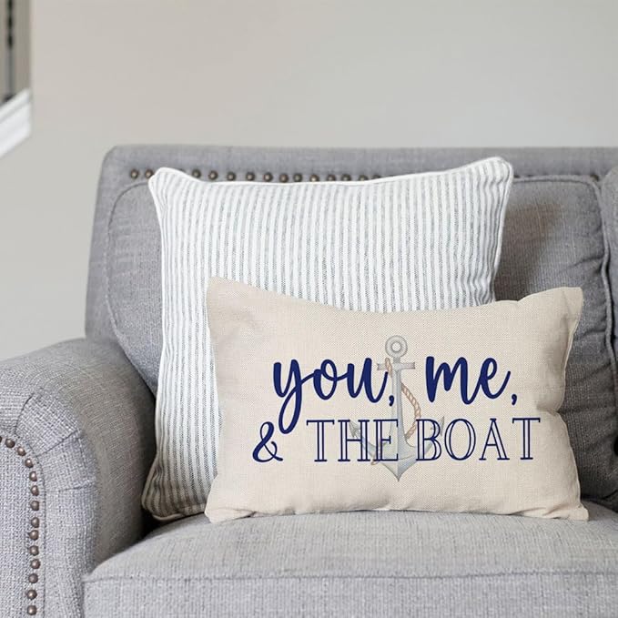 PANDICORN Lake Throw Pillow Cover 12x20 Inch Blue Words You Me and The Boat Ocean Sea Coastal Outdoor Spring Summer Decorations Lumbar Decorative Throw Pillow Case for Home Living Room Couch Decor