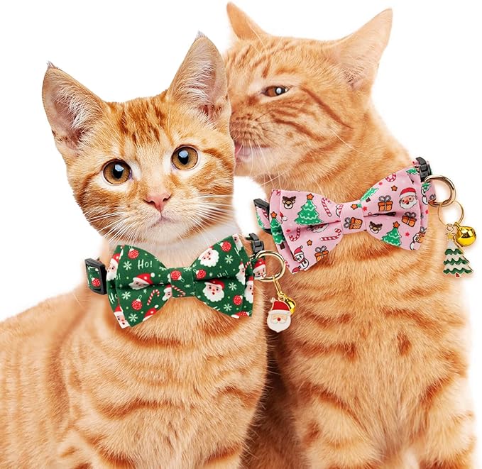 2 Pack Christmas Cotton Cat Collar with Bow Tie and Bell for male Female Cats,Soft Fancy Breakaway Kitty Kitten Collar with Tree & Santa Patterned Design for Boy Girl Cats. (Tree & Santa Claus)