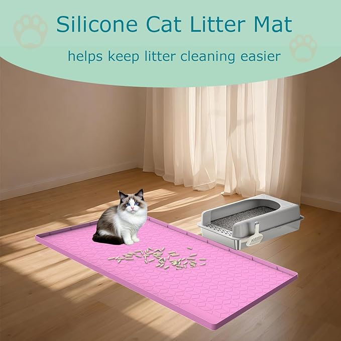 Cat Litter Mat, Silicone Large Cat Mat for Litter Box - 40x28 in, Waterproof & Non-Slip, Durable & Easy Clean, Pink
