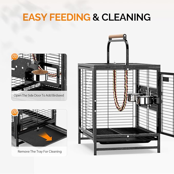 VINGLI Bird Cage, 25 inch Wrought Iron Bird Travel Carrier, Cage with Handle for Parakeets, Parrot, Lovebirds, Finches, Small/Medium Birds