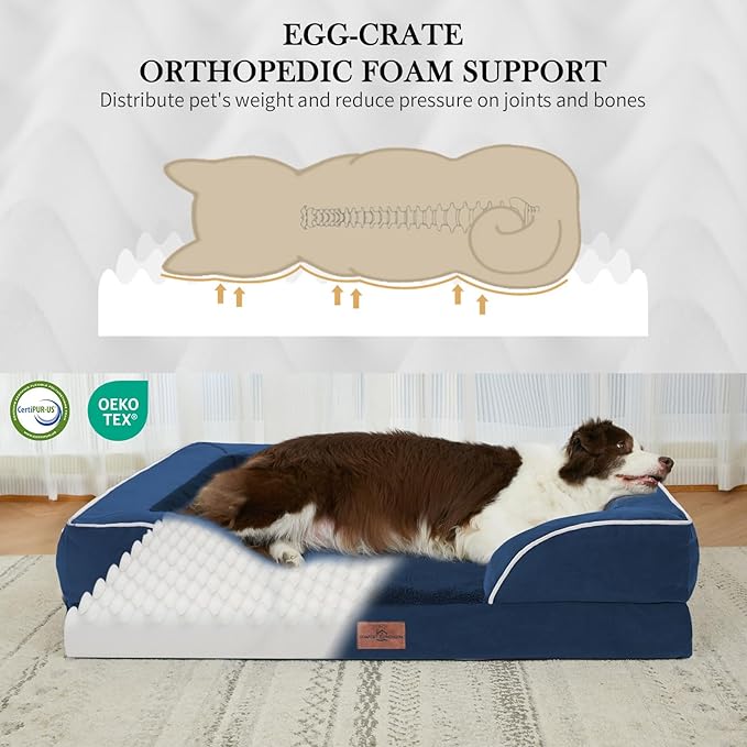 Comfort Expression Orthopedic Dog Bed for Extra Large Dogs 53x42 Inch, Waterproof Egg Crate Foam XXL Pet Bed with Removable Bolsters, Dog Couch with Washable Cover & Non-Slip Bottom, Navy Blue