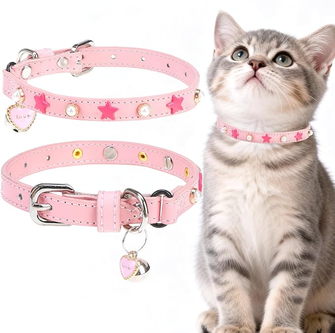 EXPAWLORER Leather Cat Collar for Girl Boy- Adjustable Pet Collar with Safety Elastic Belt,Personalized Star & Pearl Accessories Buckle Collars with Bell & Durable D-Ring,Pentagram (Pink)