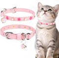 EXPAWLORER Leather Cat Collar for Girl Boy- Adjustable Pet Collar with Safety Elastic Belt,Personalized Star & Pearl Accessories Buckle Collars with Bell & Durable D-Ring,Pentagram (Pink)