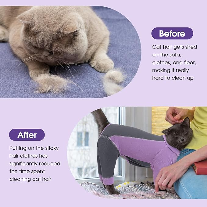 SUNFURA Hair Sticky Cat Clothes, Cat Sweater for Cats Only, 4-Legged Fleece Sweaters Kitten Pajamas Reduce Shedding Fur, Warm Pullover Shirts for Cats, Purple M