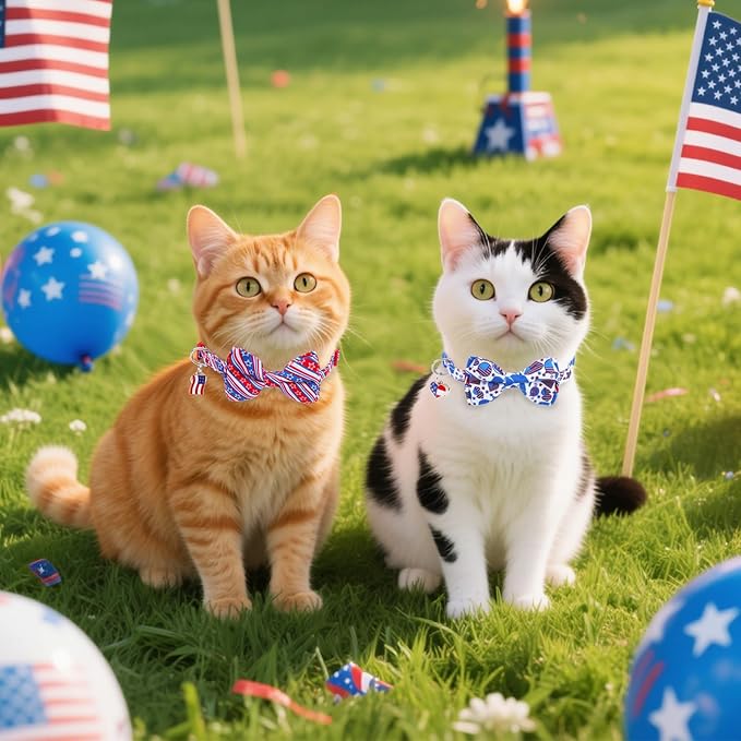 American Flag Cat Collar with Bell Bow Tie Star Breakaway for 4th of July Independence Day, Adjustable Safety Kitten Collars with Removable Bowtie & Charm for Boys Girls Male Female Cats