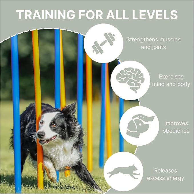Trixie Dog Agility Slalom Course - 12 Adjustable Weave Poles Backyard Set - Portable Training Equipment with Carrying Bag & Training Guide - for All Breeds