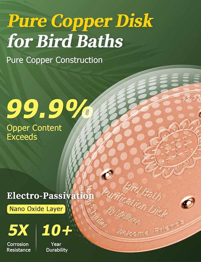 Mellbree 4-Pack Bird Bath Copper Disk, 0.6mm Reinforced 99.99% Pure Copper Cleaning Disk with Triple-Point Support for Physical Safe Clean Water All-Season (Sunflower)
