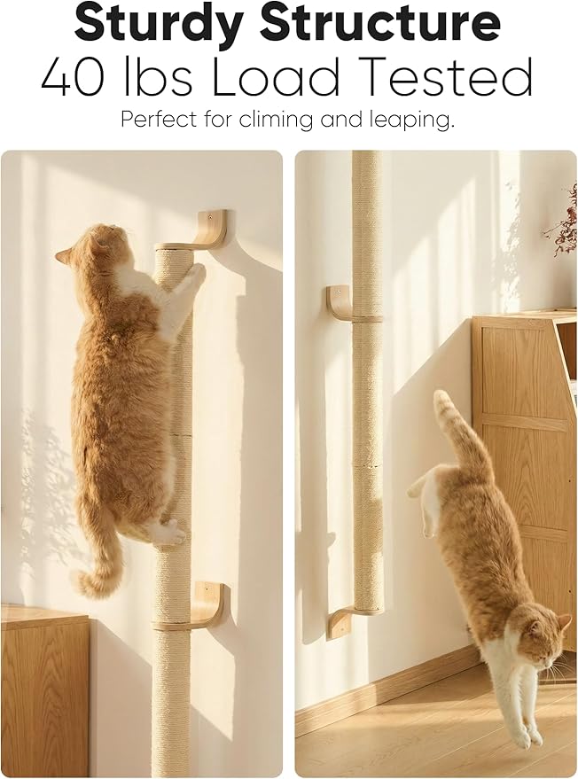 FUKUMARU Cat Wall Scratcher, 60" Tall Wall Mounted Kitten Scratching Post, Sturdy Sisal Climbing Tree for Indoor Large Cats