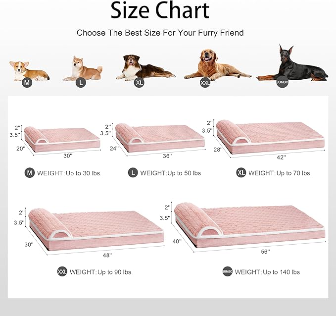 Orthopedic Jumbo Dog Bed Large Sized Dog with Pillow 56''X40'' Waterproof Soft Comfortable Egg Crate Foam Pet Crate Beds Mat with Removable Washable Cover and Non-Slip Bottom, Pink