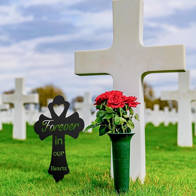 Grave Decorations for Cemetery: Forever in Our Hearts Metal Pet Grave Marker - Cross Sympathy Memorial Stake for Outdoor. Ideal Gifts to Honor The Memory of Departed Loved Ones(9.8 x 5.6'')