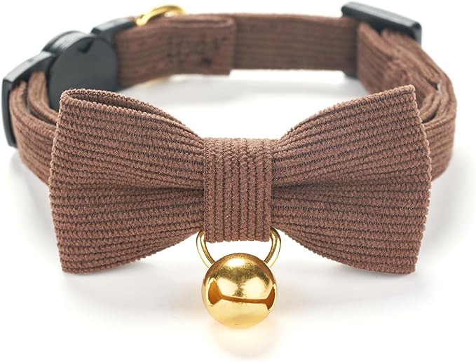 Soft Corduroy Cat Collar, Plaid Pattern, with Bell and Bowtie, Quick Release,Safety Breakaway Clasp, Adjustable for Kitten and Cats.(Black+Brown)