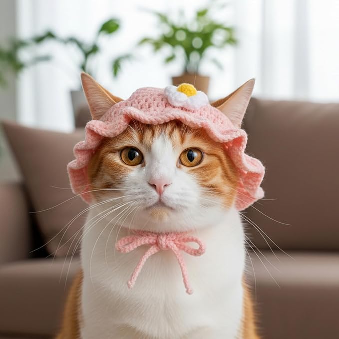 2PCS Strawberry Cat Hats Cute Flower Crochet Hats for Cats Small Pets Birthday Party Christmas Halloween Easter Travel Accessories Puppy Hat