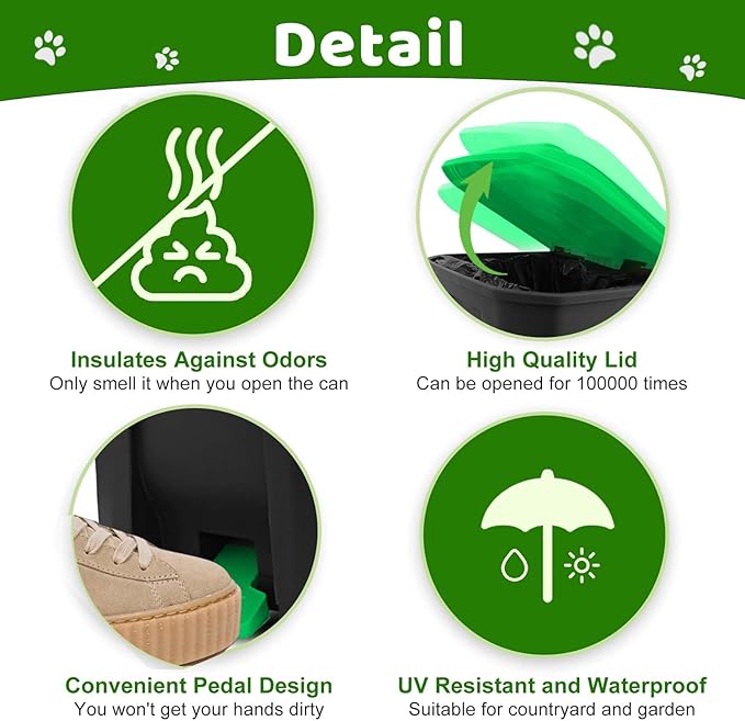 Dog Poop Trash Can Outside, 20L/5Gallon Dog Waste Trash Can with Lid, Pedal and Removable Inner Waste Bin, Pet Poop Bucket with 100 Bags, Green