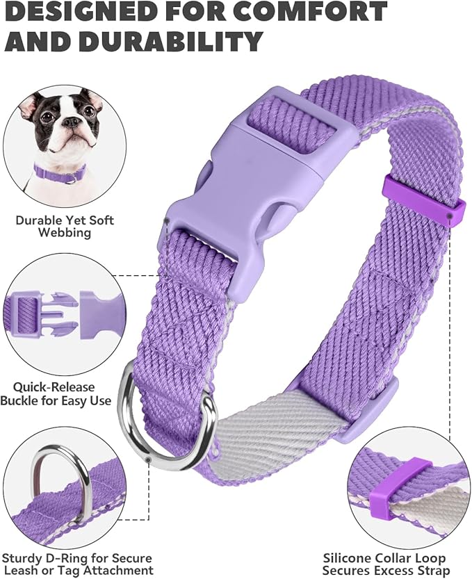 Dynmeow Soft and Breathable Cotton Dog Collar, Durable Adjustable Female Girl Pet Collar with Quick-Release Buckle, Lightweight for Sensitive Skin for Small and Medium Dogs, Purple, S