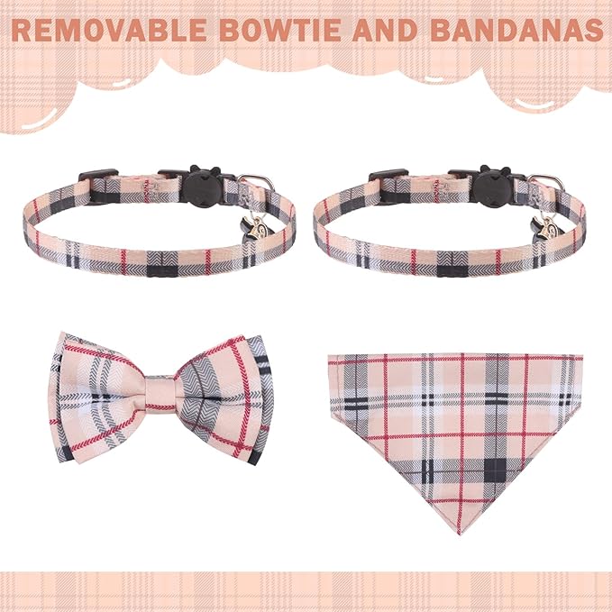 SCENEREAL Plaid Cat Collar with Bow Bandana - 2 Pack Breakaway Kitten Collar with Removable Bowtie Bell, Adjustable Cute Cat Collar for Cats Kittens, Beige