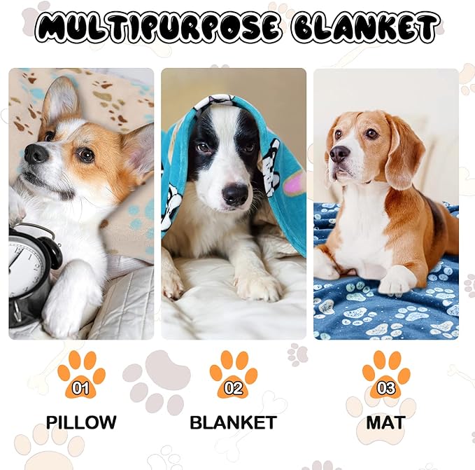 Rezutan Premium Dog Blankets for Large Dogs & Cat Flannel Blanket Washable, Soft Pet Throw Cover for Kennel Crate Bed, Cute Paw Pattern,41x31 inch, Blue/Beige/Navy Blue