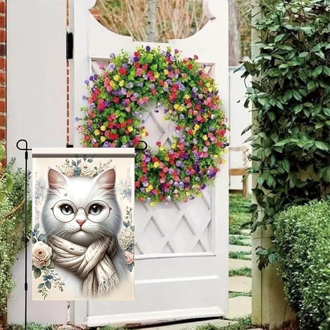 Cat Garden Flag 12x18 Inch Double Sided Outdoor Yard Banner White Cat with Glasses and Scarf Floral Design for Spring Summer Patio Porch Lawn Decoration
