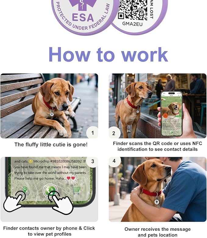 ESA Dog Tag, QR Code Dog Tag, Modifiable Free Pet Online Profile, Scannable QR Code, Scan QR Send Instant Location Alert Email, Silicone Lightweight ID Tag for Dog and Cat (Purple, Small)