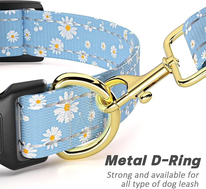 Reflective Dog Collar for Extra Small Dogs, Cute Daisy Theme Adjustable Heavy-Duty Nylon Puppy Collar for Boy and Girl Female, Soft Pet Accessories with Quick Release Buckle, Neck 8-12", Blue