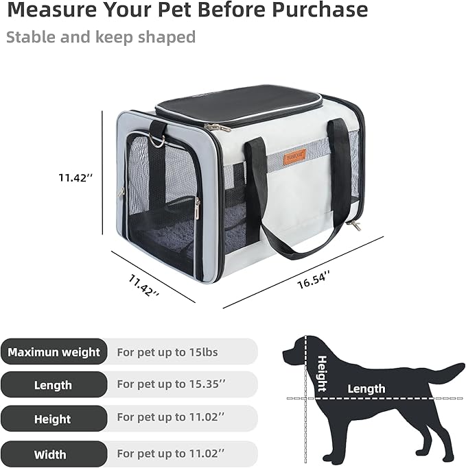 YUNIQUE Soft-Sided Cat & Dog Carrier for Pets Up to 15 Lbs, Airline Approved Collapsible Travel Puppy Carrier with Lightweight Fabric Design (lightgrey)