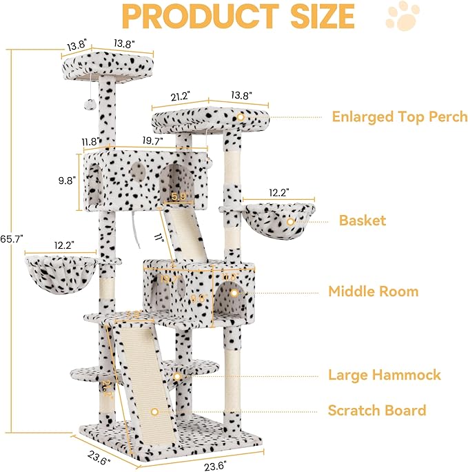 WEEWAY Cat Tree Tower for Indoor Cats,65'' Multi-Level Cat Furniture Activity Center,Stand House Condo Cave,Sisal Scratching Posts Ramps,Plush Perches Platforms Basket Hammock, White&Black Spot