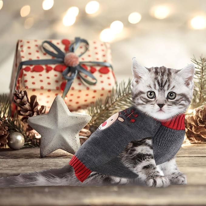 Dog Christmas Sweater Xmas Pet Clothes Cute Gray Reindeer Holiday Puppy Cat Costume New Year Gifts for Small Medium Large Dogs Jumpers (S, Gray Reindeer)