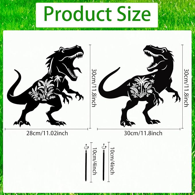 Dinosaur Metal Garden Stakes Yard Decor, 2PCS Black Dinosaur and Rainforest Silhouette Statues Garden Decorative Gifts for Yard Art, Patio, Outside, Lawn Ornaments, Christmas, Backyard, Pathway
