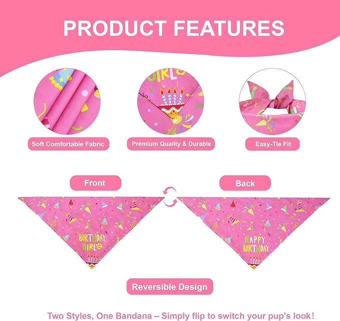 Dog Birthday Bandana Girl for Large X-Large Dogs, Reversible 2 Patterns in 1, Pink Confetti Scarf, Happy Birthday Party Outfit Puppy Gift (18-23" Neck)