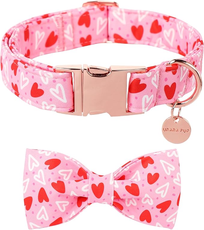 Valentine’s Day Dog Collar with Bow Tie, Red Heart Bowtie Collar with Metal Buckle, Valentine’s Day Gift Pet Collar for Puppy Girl Boy Dog or Cat, Wedding Dog Collar, XS, Neck 8-12in