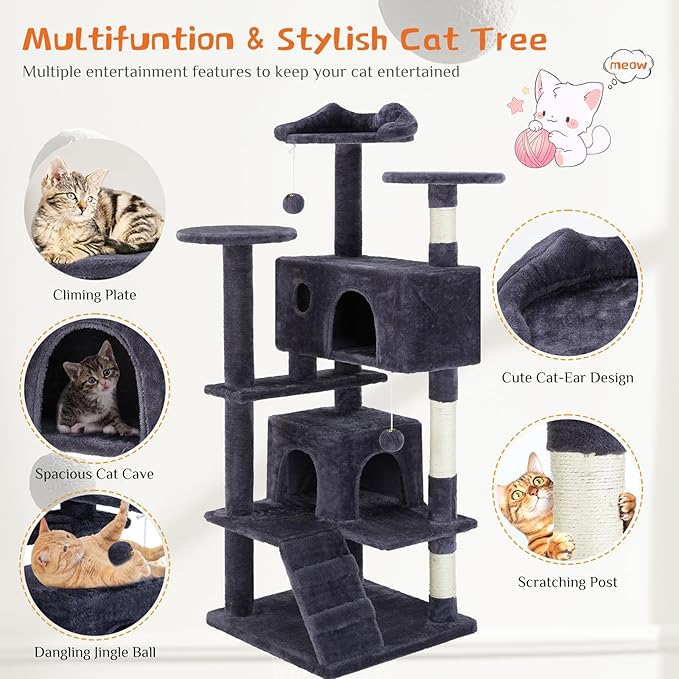 Sweetcrispy 54 Inch Cat Tree Tower, Multi-Level with Cat Scratching Post, Indoor Cat Condo with Climbing Ladder, Plush Toy, Play House for Cat, Dove Grey