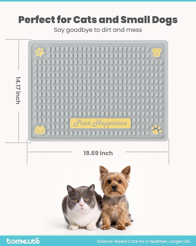 Tomxcute Extra Thick Pet Feeding Mat 19.7" x 14.2", BPA-Free Food-Grade PVC, Waterproof Raised Edge Non-Slip Bowl Mat for Cat Water Fountain & Automatic Feeder, Textured Fast-Drain, Brush Included