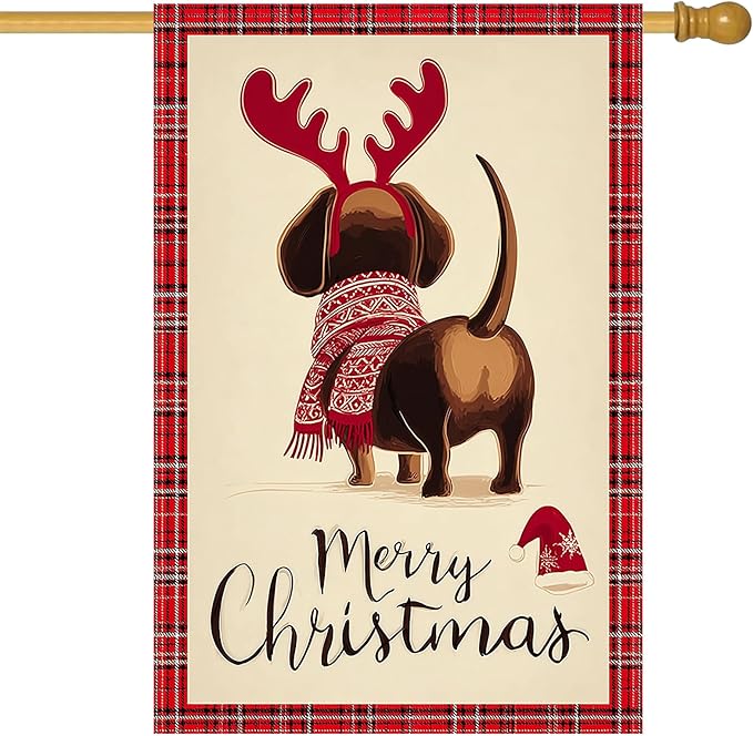 Merry Christmas Garden Flag Back View Dog Reindeer Antlers 28 x 40 Inch Double Sided Welcome Large Yard Banners for Dog Lovers Porch Home Simple Outdoor Winter Holiday Pet Decor