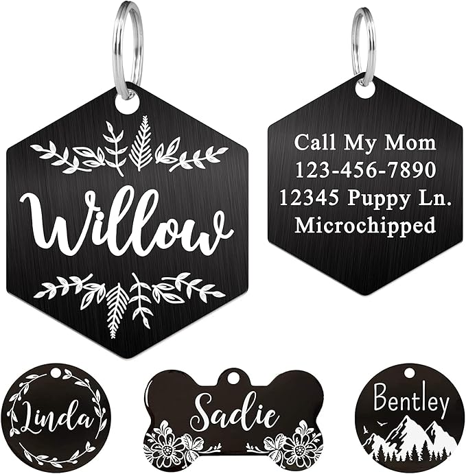 Ultra Joys Stainless Steel Pet ID Tag Dog Name Tags Personalized Front and Back Engraving, Customized Dog Tags and Cat Tag, Optional Engraved on Both Sides, Hexagon Tag with Vine Design, Large