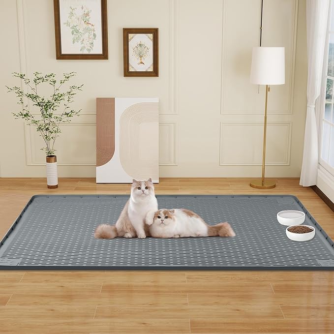 Cat Food Mat, 50" x 35" Extra Large Silicone Pet Feeding Mat with Raised Edge Pet Placemat for Food and Water Bowl Non-Slip, Easy to Clean, Floor Protection (Dark Grey)