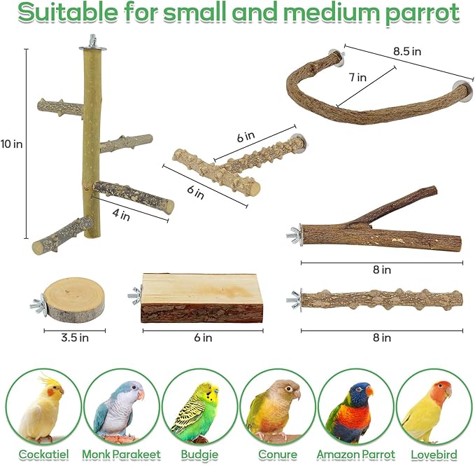 7PCS Natural Wood Bird Perches for Cage, Bird Parrot Parakeet Perch Stand, Bird Parakeet Cage Accessories, for Cockatiels Conure Budgies Small and Medium Parrots