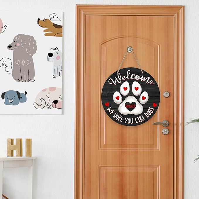 Deroro Welcome We Hope You Like Dogs Front Door Sign, Dog Cat Paw Print Black Farm Wood Door Hanger Outdoor Porch Decor, Woof Farmhouse Wooden Wreath Indoor Wall Hanging Decoration Dog Lover Gifts