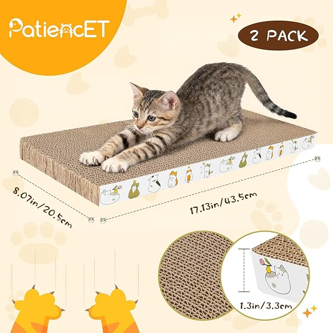 PatiencET Cardboard Cat Scratcher Pads, 4-Pack (2 Flat Double-Sided, 2 Wavy), Catnip Included, for Small and Medium Indoor Cats