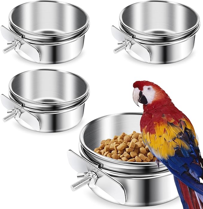 ToLanbbt 4 Pcs Stainless Steel Bird Food Bowls Bird Water Bowls with Clamp Holder, Parrot Feeding Dish Cups Parrot Cage Coop Feeders for Cockatiel Conure Budgie Parakeet Macaw Lovebird Small Animal, M