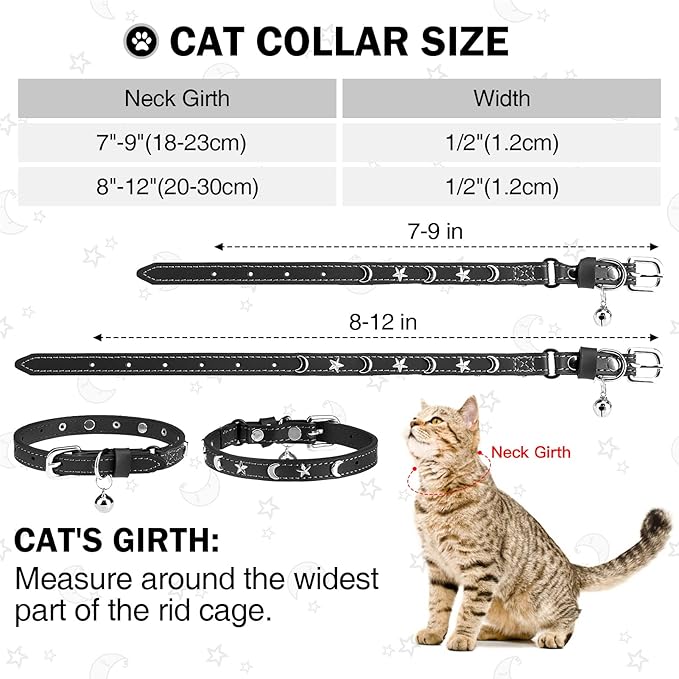 Leather Cat Collars for Boy Girl Cats with Bell and Safety Elastic Belt, Personalized Star and Moon Stud Adjustable Safe Buckle Collar for Kitty Small Big Cats Size 7-9 Inch, Black