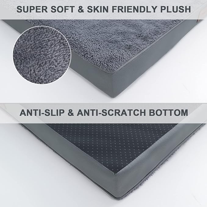 MIHIKK Waterproof Extra Large Dog Bed Orthopedic Dog Beds for Crate with Removable Washable Cover Egg-Crate Foam Pet Pad Mat with Anti-Slip Bottom, 44x32 Inch, Grey